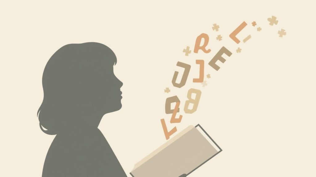 女性の持った本から文字が飛び出しているイラスト