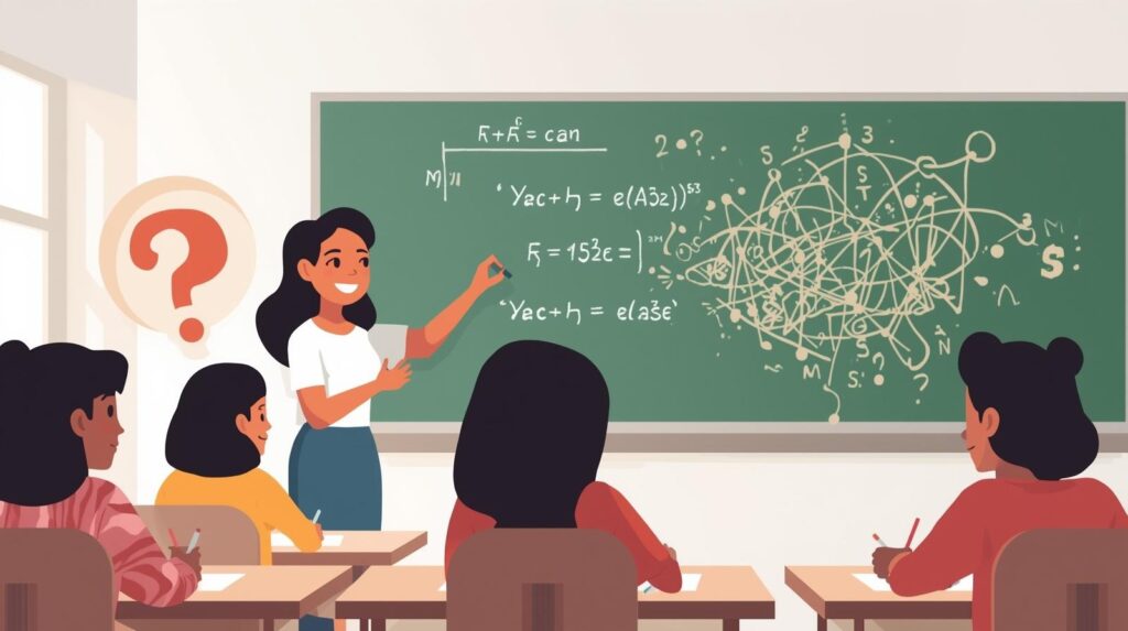 教室で、黒板に描かれた複雑な問題を生徒たちに説明する先生のイラスト。