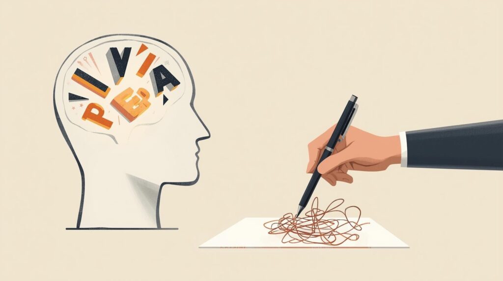 頭の中にある複雑な思考を、ペンを持つ手が紙の上にぐちゃぐちゃな線として描き出しているイラスト。