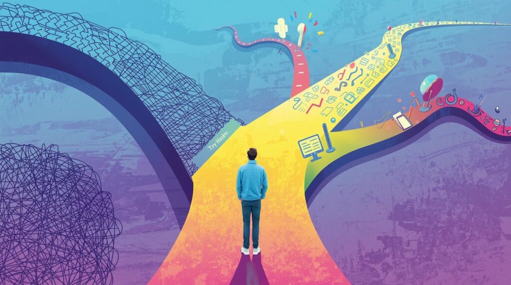 いくつもの道に分かれた分岐点に立つ人の後ろ姿を描いたイラスト。