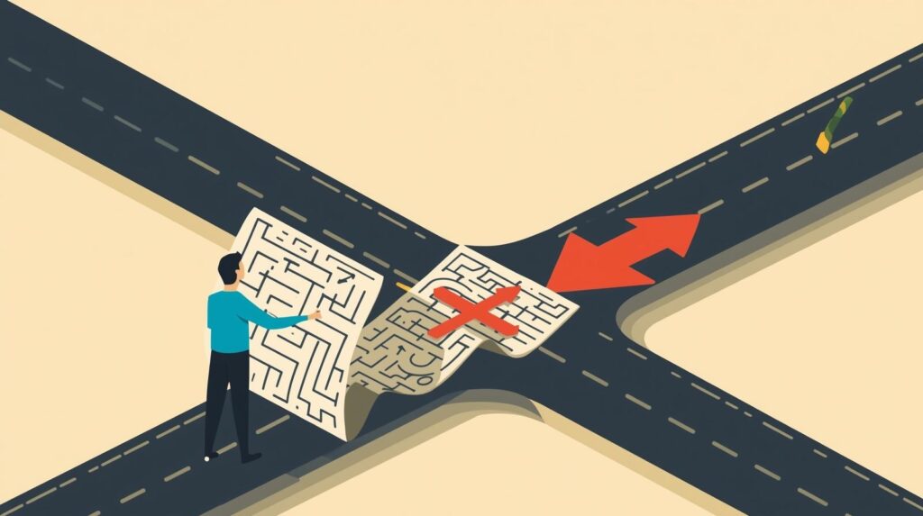 交差点で複雑な迷路の地図を破り捨て、まっすぐな道を選ぶ男性のイラスト。