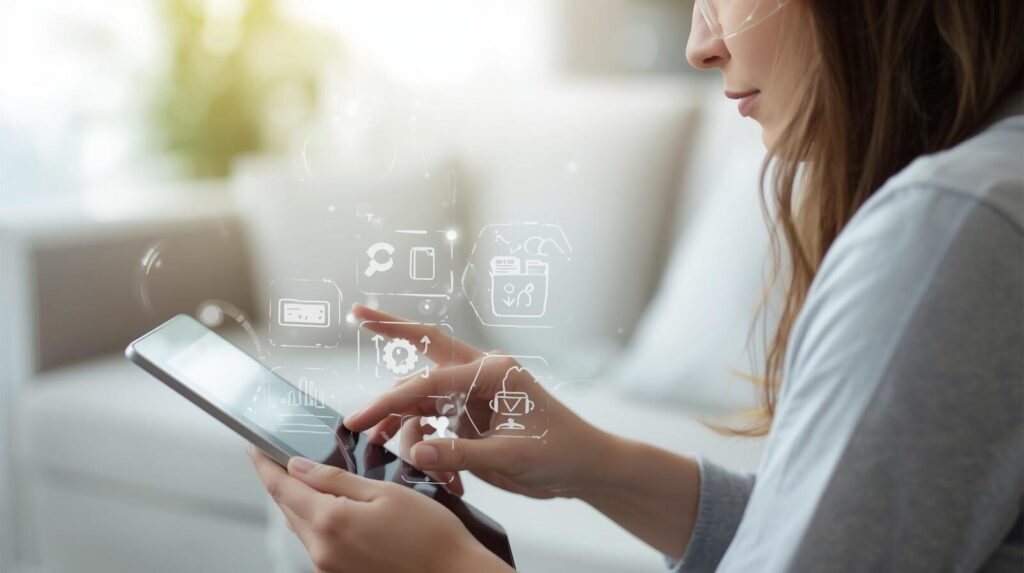 タブレットを操作する女性と、その周りに浮かぶ様々なサービスのアイコン。