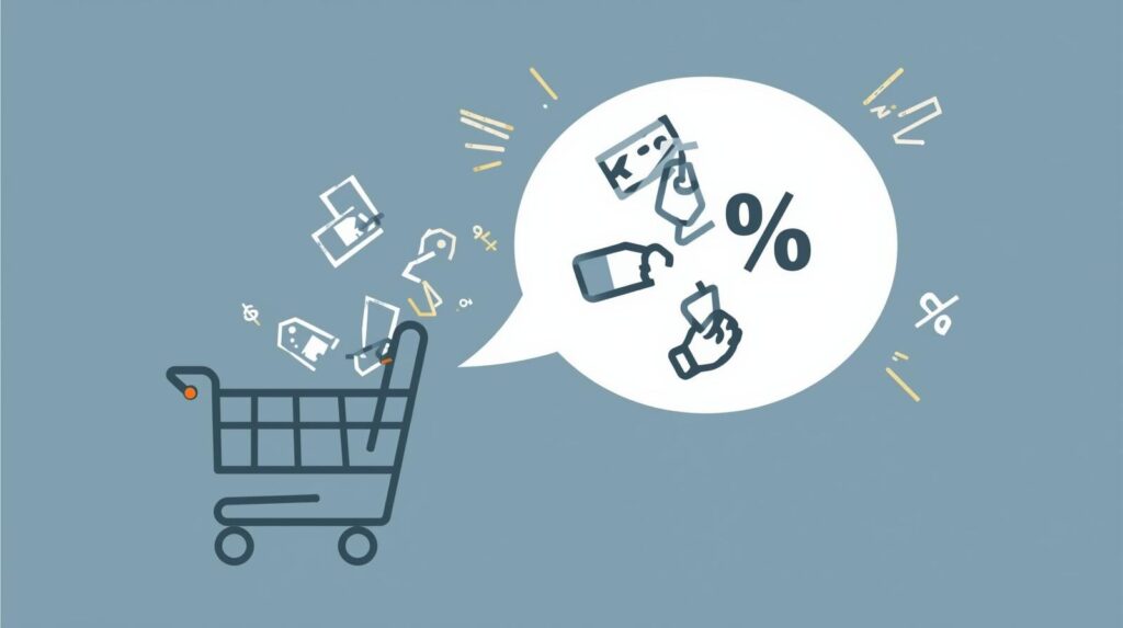 ショッピングカートと、割引やクーポンを連想させるアイコンが描かれた吹き出しのイラスト。