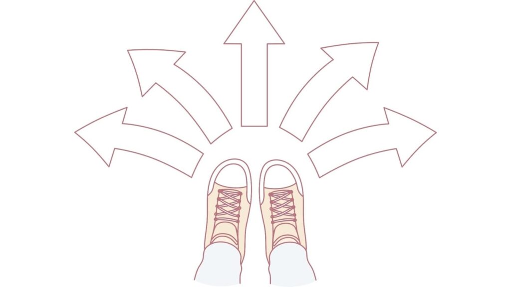 足元から複数の矢印が伸びており、多くの選択肢や進路に迷っている様子を表すイラスト。