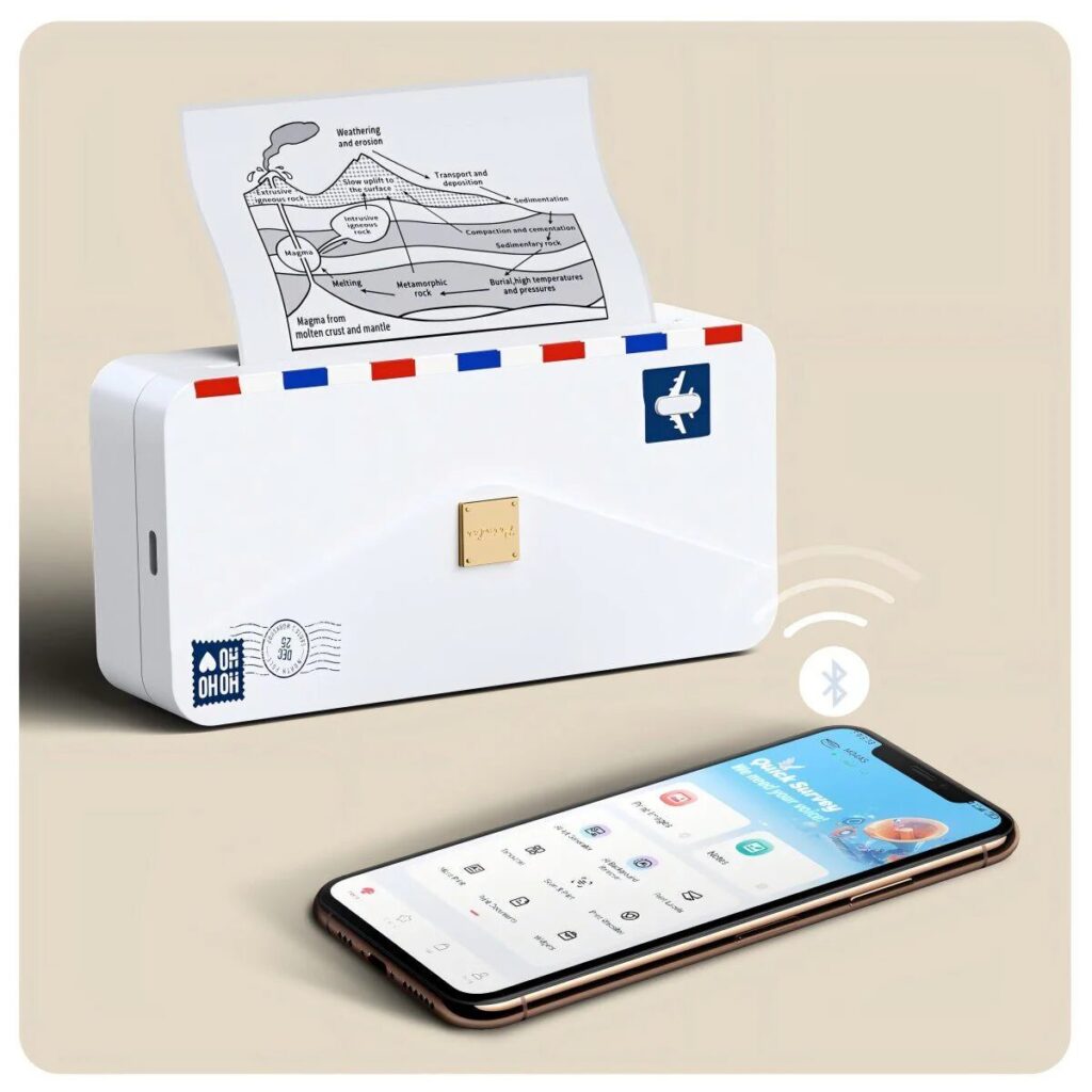 スマートフォンと無線で接続された小型プリンターが、理科の図を印刷している製品写真。
