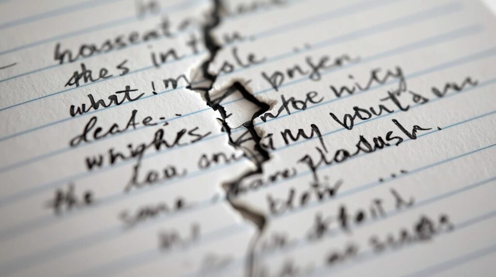 手書きの文字が書かれた、中央で引き裂かれた紙のクローズアップ。